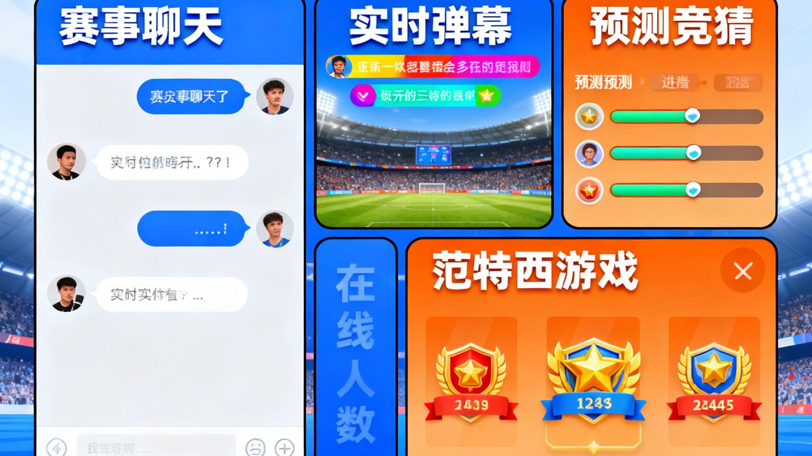 体球网社区界面：赛事聊天、弹幕、预测竞猜和范特西游戏，营造万人同看氛围
