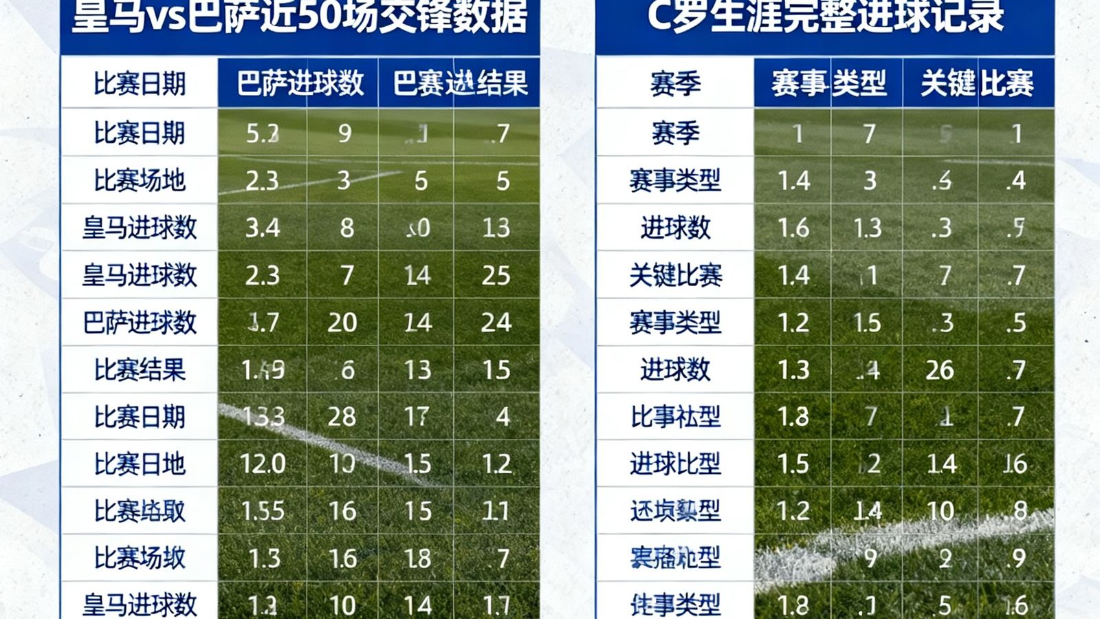 体球网历史资料库，展示皇马vs巴萨近50场交锋数据及C罗生涯完整进球记录